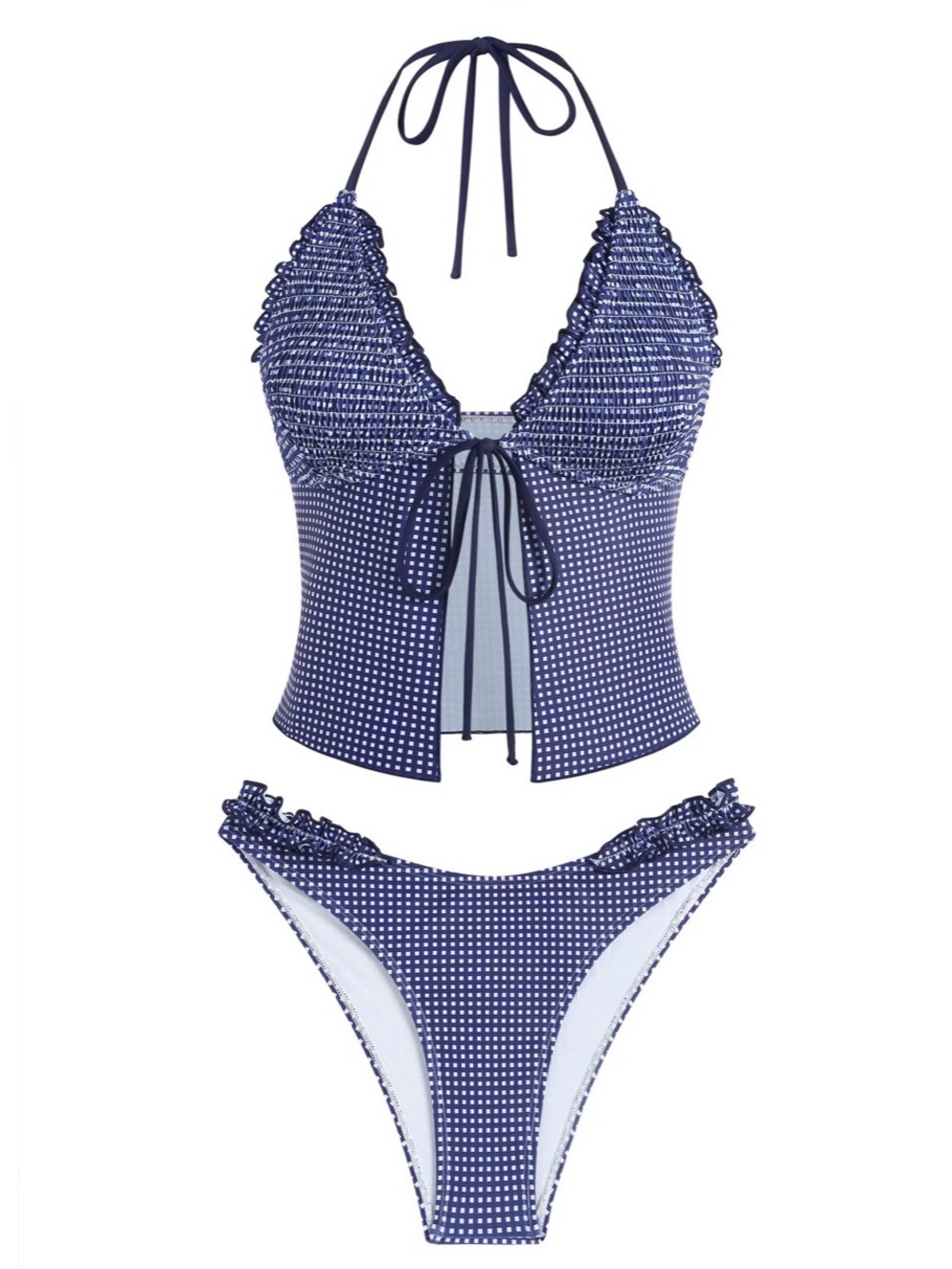 Zaful Gingham Ruffles Tie Front Tankini Set